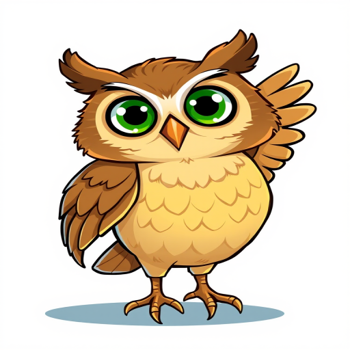 Create a vibrant cartoon-style illustration of a cheerful owl with large green eyes and a yellow belly, featuring dynamic wings in mid-flap, set against a simple, contrasting background; use a DSLR camera with a 50mm lens, f/2.8 aperture, and a slightly blurred background to enhance the subject's clarity and color saturation.