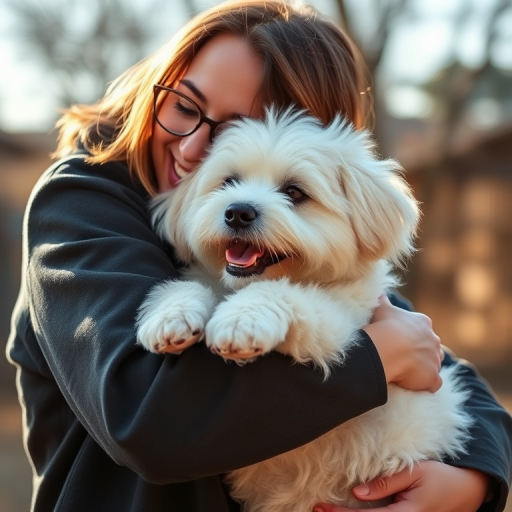 Create a warm and playful scene of a person hugging a fluffy white dog, using a soft focus lens with a focal length of 50mm, aperture set to f/2.8, in natural light, with a slightly elevated angle to capture the joy of the moment.