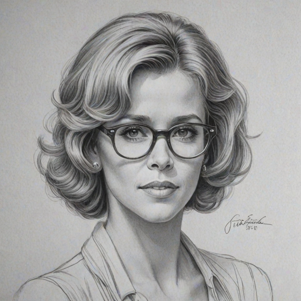 Graceful Jane Fonda, pencil sketch, portrait of Lovely woman 1930s in glasses, hair style beatnik, outline, clear lines, fine lines, 8k