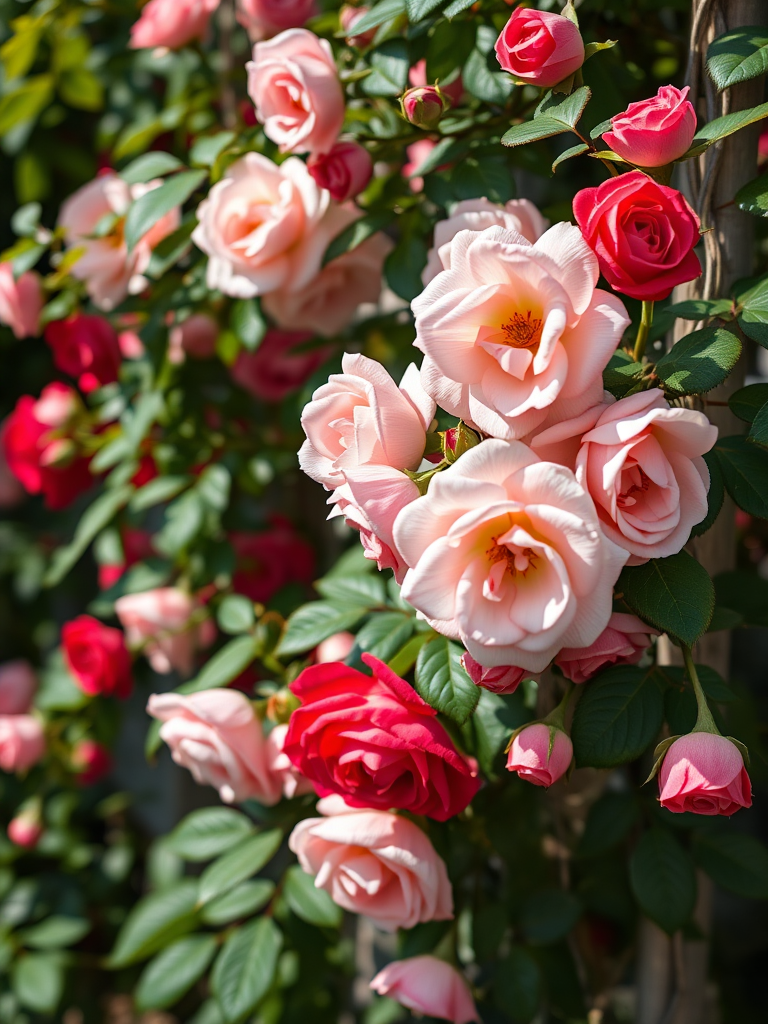 Create a high-resolution image of a lush rose vine with varying shades of pink and red roses, captured in soft natural light, with a shallow depth of field, using a DSLR camera set to f/2.8, ISO 100, and a focal length of 50mm, in a macro view to emphasize the intricate details of the flowers and leaves.