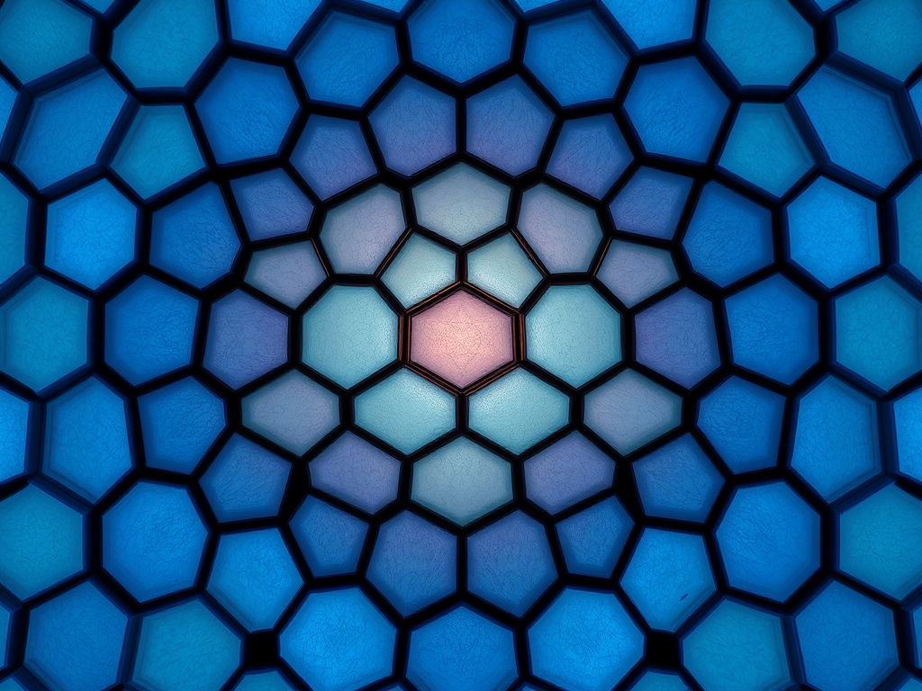 Create a high-resolution abstract image with a hexagonal mosaic pattern in varying shades of blue, captured with a DSLR camera at f/8, ISO 100, 50mm lens, in a top-down view, using a high dynamic range style for enhanced depth and color.