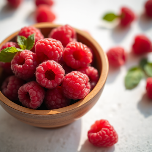 a close-up shot of fresh, vibrant red raspberries in a wooden bowl on a textured white surface, natural lighting, aperture f/2.8, ISO 100, 50mm lens, shallow depth of field, DSLR camera