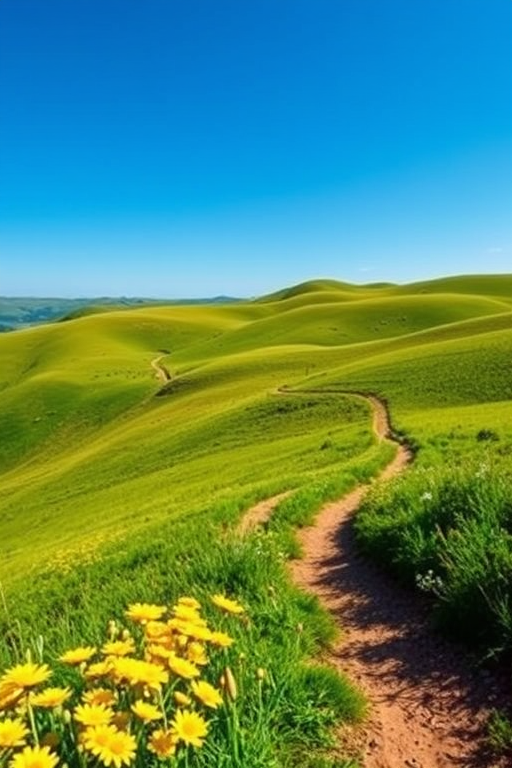 Create a vibrant landscape featuring rolling green hills under a clear blue sky, with a winding dirt path and bright yellow flowers in the foreground, shot with a DSLR camera at f/8, ISO 100, with a wide-angle lens to enhance depth and clarity.