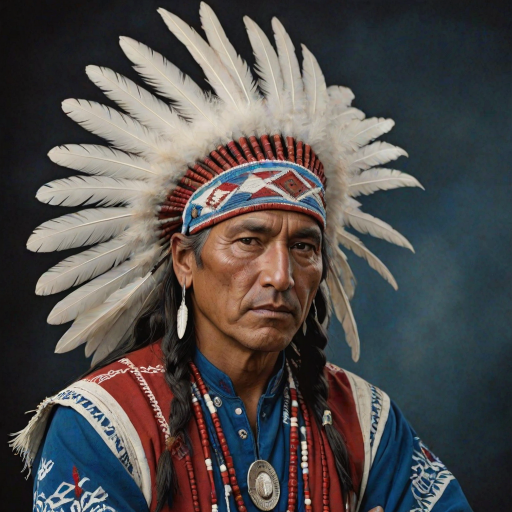 Create a dignified portrait of a Native American man dressed in traditional attire. He wears a beautifully crafted headdress adorned with white feathers and red beads, along with a beaded headband featuring intricate patterns. His clothing includes a deep blue, patterned shirt and a traditional chest piece with detailed beadwork. His arms are crossed, displaying leather armbands decorated with feathers. The background is simple and neutral, emphasizing his proud and stoic expression. The overall image captures the rich cultural heritage and strength of his persona.