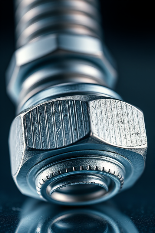 Create a high-resolution image of a metallic bolt and nut, showcasing intricate details and textures, shot with a Canon EOS 5D Mark IV at f/8, ISO 100, 1/125s, in a macro perspective to enhance clarity and depth, with soft lighting to highlight reflections.