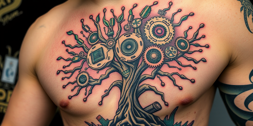 Surrealist tattoo titled "Dreamscape Fusion" merging elements of nature and technology, with a tree sprouting circuit boards and gears instead of leaves, rendered in a mix of realistic and abstract styles