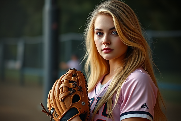 Create a high-resolution image of a female baseball player with long blonde hair, wearing a fitted jersey and holding a baseball glove, captured in a cinematic portrait style, shot with a DSLR camera at f/1.8, ISO 100, 85mm lens, with soft studio lighting and a blurred background for depth.