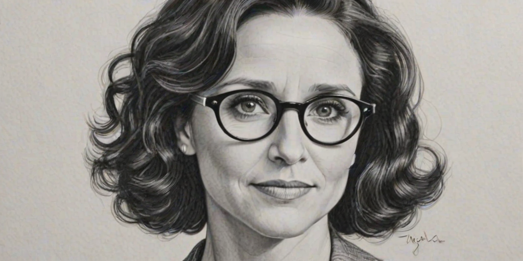 Comely Julia Louis-Dreyfus, pencil sketch, portrait of Pleasing woman 1932s in glasses, hair style beatnik, outline, clear lines, fine lines, 8k