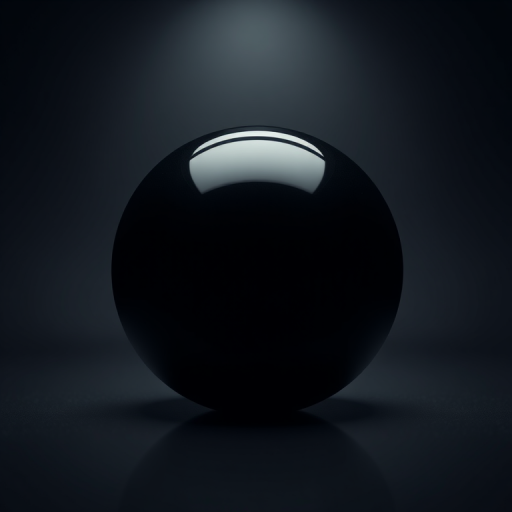 Create a high-resolution image of a sleek, shiny black sphere in a dark environment, with subtle reflections and a soft glow effect, shot with a DSLR camera using a 35mm lens at f/1.8, ISO 100, with a low angle view and soft focus background for enhanced depth.