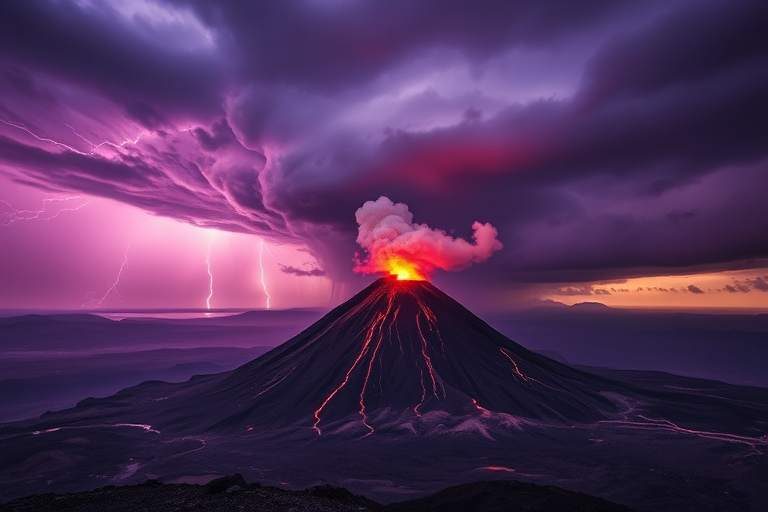 Capture a dramatic landscape of an erupting volcano under a stormy purple sky with lightning strikes, using a DSLR camera with a 24mm lens, f/8 aperture, ISO 200, 1/125 sec exposure, and a wide-angle view to enhance depth and detail.