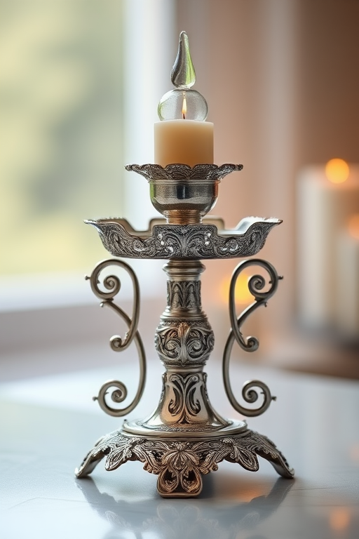 Create a high-resolution image of an ornate silver candle holder with intricate designs, using a DSLR camera at f/2.8 aperture, 50mm lens, 1/125 second shutter speed, in natural light with a shallow depth of field to highlight details.