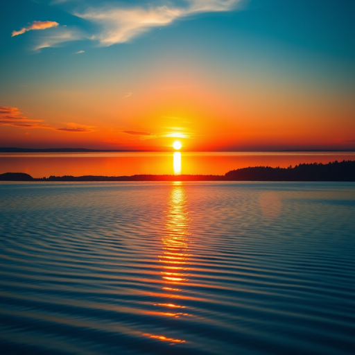 Generate a high-resolution image featuring a vibrant sunset over a serene lake with reflections on the water, using a Canon EOS R5, 24-70mm lens at f/8, ISO 100, 1/125 sec, shot in landscape mode with golden hour lighting.