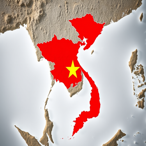 Create a high-resolution image of Vietnam's map colored in red with a large yellow star positioned in the north, using a DSLR camera with a 50mm lens, f/1.8 aperture, ISO 100, and natural lighting from a slightly elevated angle.