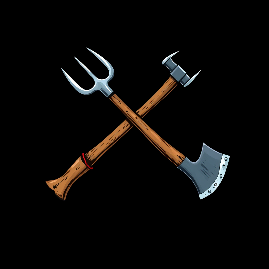 Create a high-resolution illustration of a crossed pitchfork and axe, with detailed shading and vibrant colors, using a DSLR camera with 50mm lens at f/1.8, ISO 100, natural lighting, and a clean, focused composition against a simple black background.