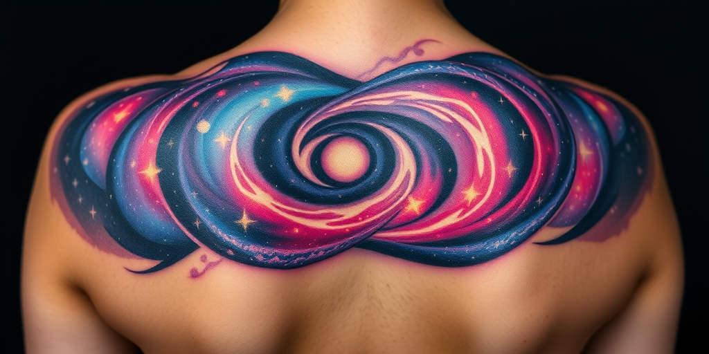 Ethereal body tattoo showcasing a cosmic galaxy swirling across the shoulder blades, rendered in vivid nebula-inspired hues with sparkling white ink stars