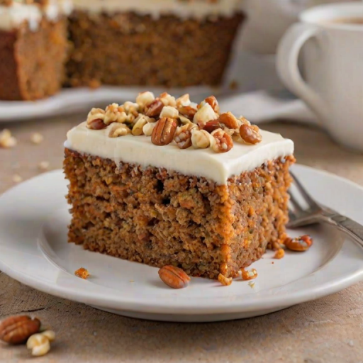 Create an image of a slice of moist carrot cake with cream cheese frosting, topped with chopped nuts, served on a white plate. The background should be softly blurred, highlighting the texture and layers of the cake.