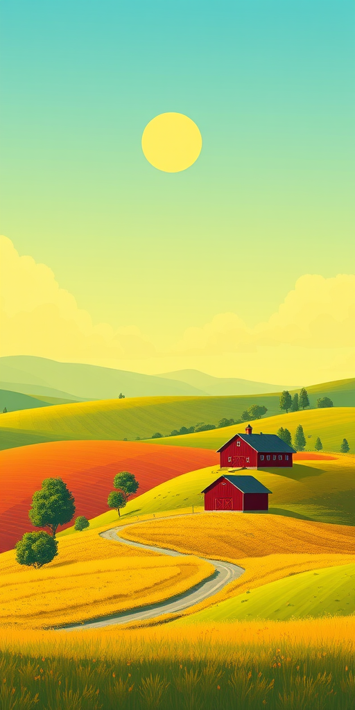 Create a vibrant cartoon-style illustration of rolling hills with a red barn and trees under a bright yellow sky, captured with a digital camera in landscape view, f/8 aperture, ISO 100, and a wide-angle lens for enhanced depth and clarity.