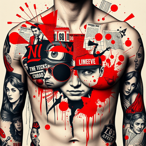 Trash polka tattoo style known as "Urban Chaos" combining bold red and black elements, newspaper clippings, abstract shapes, and realistic portraits for a striking contrast, ideal for chest or ribs