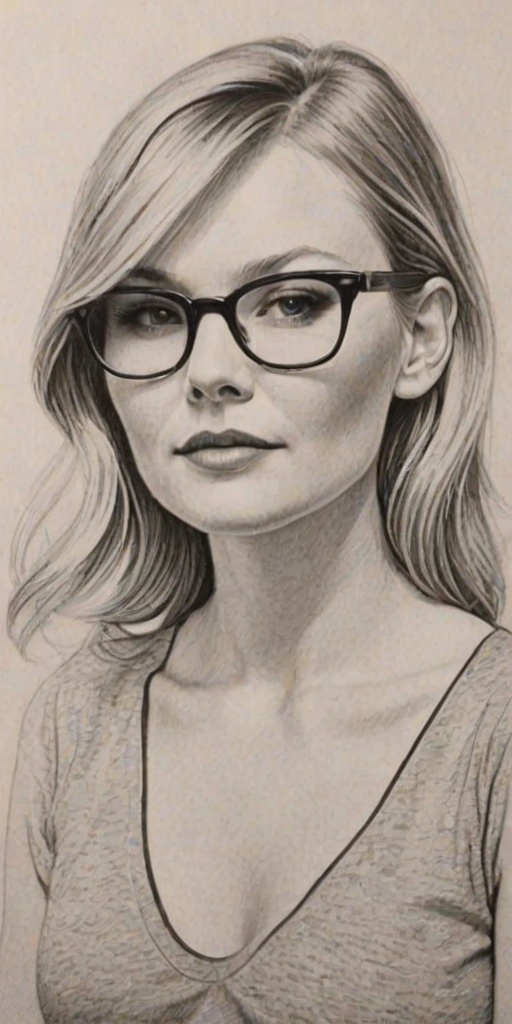 Charming Kristen Dunst, pencil sketch, portrait of Alluring woman 1959s in glasses, hair style beatnik, outline, clear lines, fine lines, 8k