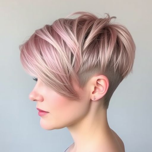 Ethereal rose gold pixie undercut with a long textured top, styled in piece-y layers with a soft side-swept fringe and shimmering metallic undertones