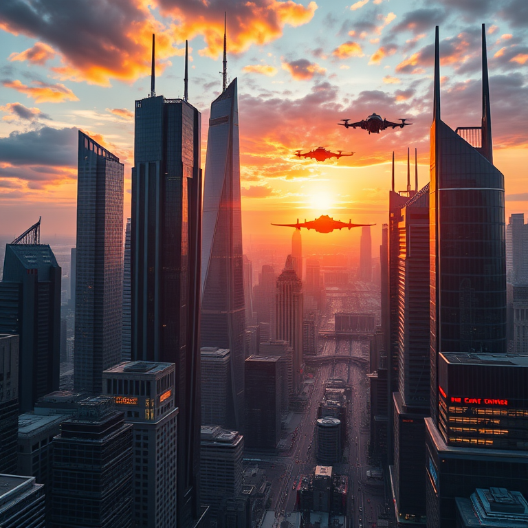 futuristic cityscape at sunset with towering skyscrapers and flying vehicles, shot from a high vantage point, using a Canon EOS R5, f/2.8 aperture, ISO 100, and a wide-angle lens at 16mm for expansive depth, emphasizing vibrant colors and intricate details