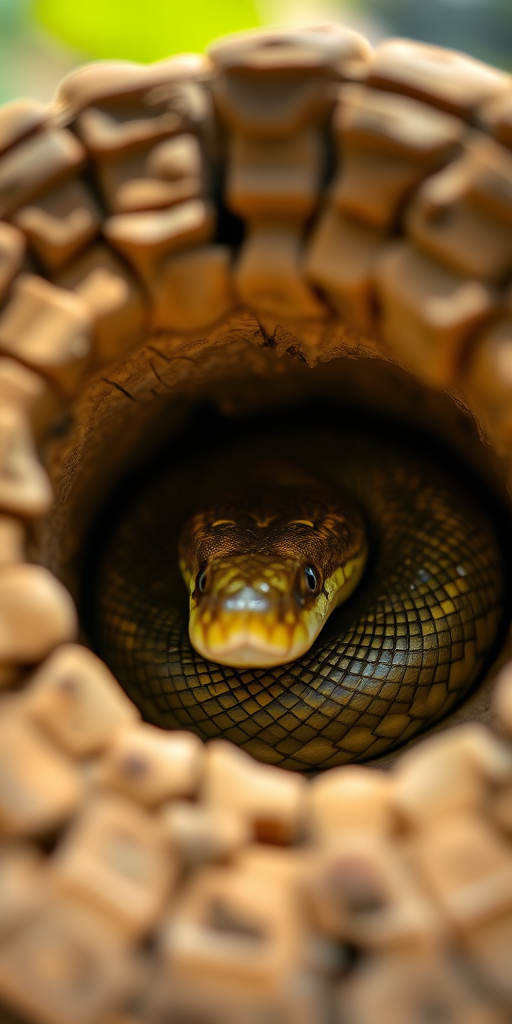 Close-up shot of a snake nestled inside a hollow log with natural sunlight illuminating its scales, 50mm lens, f/2.8 aperture, ISO 200, shallow depth of field, DSLR camera, top-down perspective.