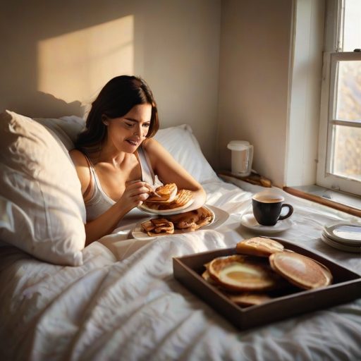 Warm, intimate image of a couple sharing breakfast in bed, soft sunlight streaming through the window, the smell of fresh coffee and pancakes filling the room, and a sense of coziness and contentment captured.