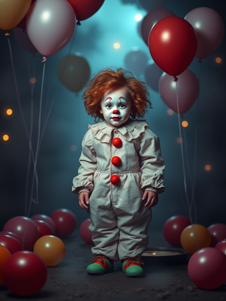 Create an image of a child dressed as a clown standing on a foggy path surrounded by colorful balloons. The clown has curly hair, a white face with red accents, and is wearing a puffy costume with colorful buttons. The background is dimly lit, with soft glowing lights and more balloons floating in the air, creating a slightly eerie yet whimsical atmosphere.