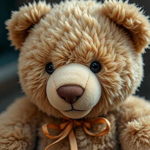 Create a hyper-realistic portrait of a fluffy teddy bear with intricate fur details, soft lighting, taken with a DSLR camera at f/2.8 aperture, ISO 200, 50mm lens, 1/100 sec shutter speed, in a close-up view, using a shallow depth of field to enhance texture and warmth.