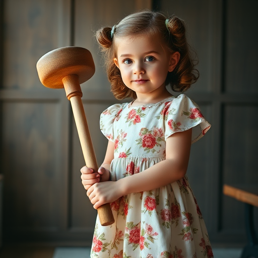 Create an image of a girl in a flowy floral dress with curlers in her hair holding a large wooden mallet, captured from a low angle, with soft natural lighting, using a DSLR camera with a 50mm lens at f/2.8, ISO 200, shutter speed 1/250s to enhance clarity and depth.