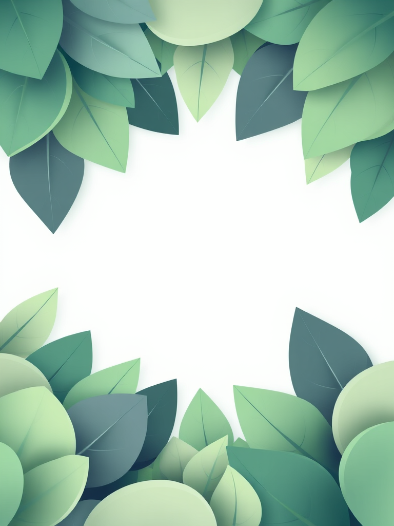 Create a vibrant digital illustration of a green foliage frame with soft, organic shapes, using a Canon EOS R5 with an aperture of f/4, shutter speed 1/125s, ISO 100, top-down view, and a clean, minimalist style.