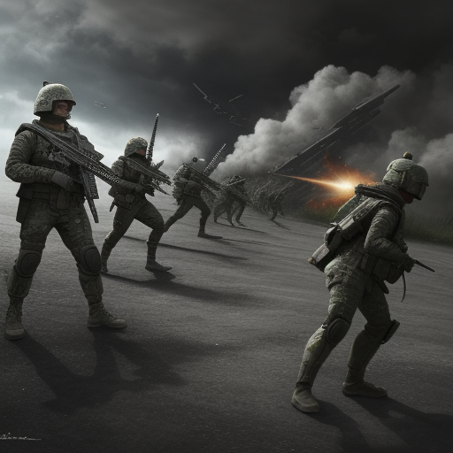 Soldiers Advancing Courageously Amidst Explosions and Chaos in a Battle ...