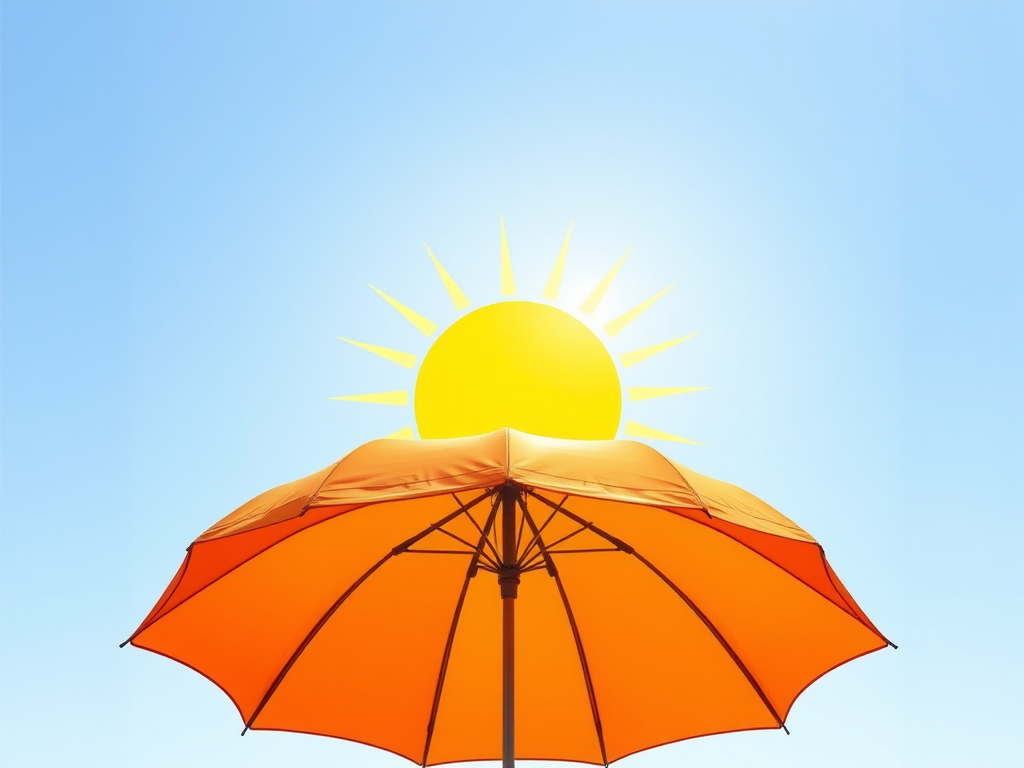 Create a vibrant illustration of a large orange umbrella partially overlapping a bright yellow sun with rays, using a DSLR camera with a 50mm lens, aperture f/2.8, ISO 100, and a shallow depth of field to enhance the colors and details against a clear sky background.