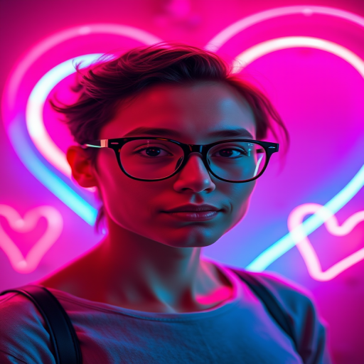 regenerate the image of a person with glasses styled against a vibrant heart-shaped neon light background, using a DSLR camera with a 50mm lens, aperture set to f/1.8, ISO 200, shutter speed 1/125s, natural light combined with neon light, portrait view, dreamy and soft focus effect to enhance quality