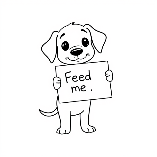 A minimalist cartoon of a PUPPY standing on a blank white background, holding a sign that simply says, 'Feed me.' The puppy is drawn with just a few lines: big eyes, whiskers, floppy ears, and a straight tail, giving it a comically desperate expression.