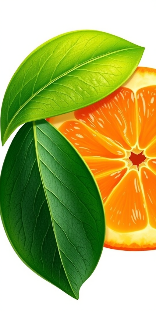 Create a high-resolution illustration of an orange with a green leaf and a sliced half showing the juicy interior, using a DSLR camera with a 50mm lens, aperture f/2.8, ISO 200, and soft natural lighting for vibrant colors and sharp details.