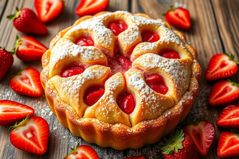Create an image of a freshly baked strawberry dessert with a golden brown crust and a few slices cut out revealing the pink strawberry filling inside. Surround the dessert with scattered fresh strawberry slices on a rustic wooden surface. The dessert should appear moist and inviting, dusted lightly with powdered sugar on top.