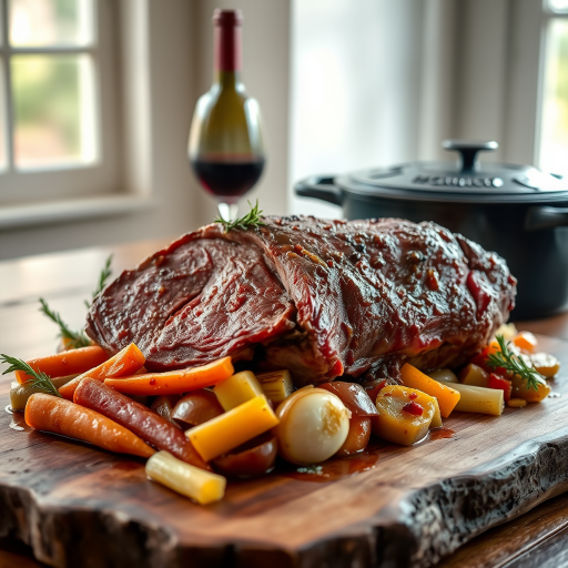 Soft, diffused natural light from a large window on the left, with a white reflector on the right for fill. 45-degree angle view, shallow depth of field focusing on the succulent meat. A tender beef roast, marinated and slow-cooked in Barolo wine, presented on a rustic wooden board. The meat is falling apart, glistening with a rich, deep red wine reduction sauce. Surrounding the roast, a colorful mirepoix of carrots, onions, and celery, their edges caramelized and infused with the wine's flavor. A small bunch of fresh rosemary and thyme as garnish. In the background, a half-filled glass of Barolo wine and a Le Creuset Dutch oven, hinting at the cooking method. 8K resolution, photorealistic rendering with intricate textures of the meat fibers and vegetable pieces.