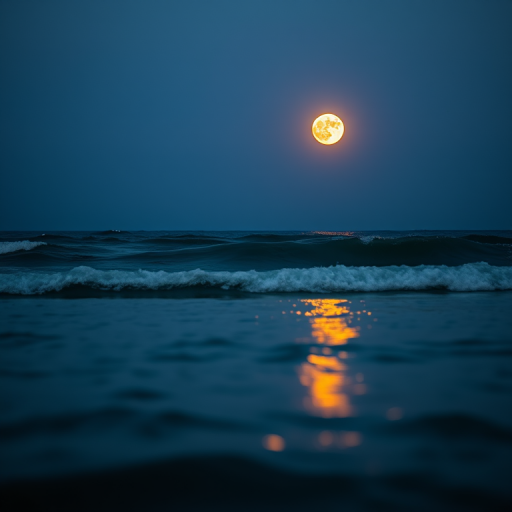 A serene seascape at twilight with a large, luminous full moon reflecting on gentle waves, captured with a Canon EOS R5, 24mm lens, f/8 aperture, 1/60s shutter speed, ISO 200, low angle view with soft focus on the foreground water for depth.