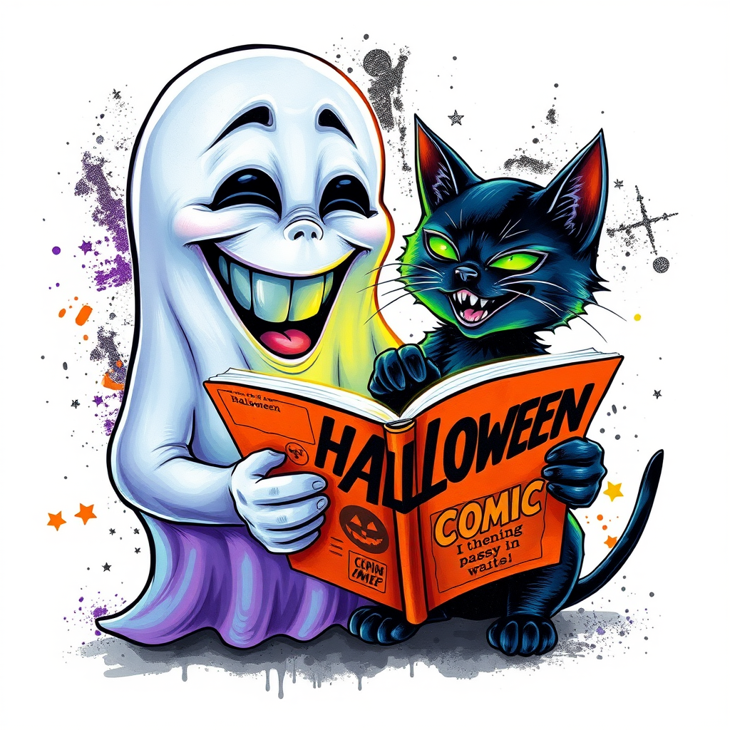 Image of a ghost and a black cat laughing exaggeratedly , and reading a comic halloween comic book, alcohol ink airbrush style, funny halloween theme, white background with neon purple, neon orange, neon green splash, black sparkles stars , dazzling BG