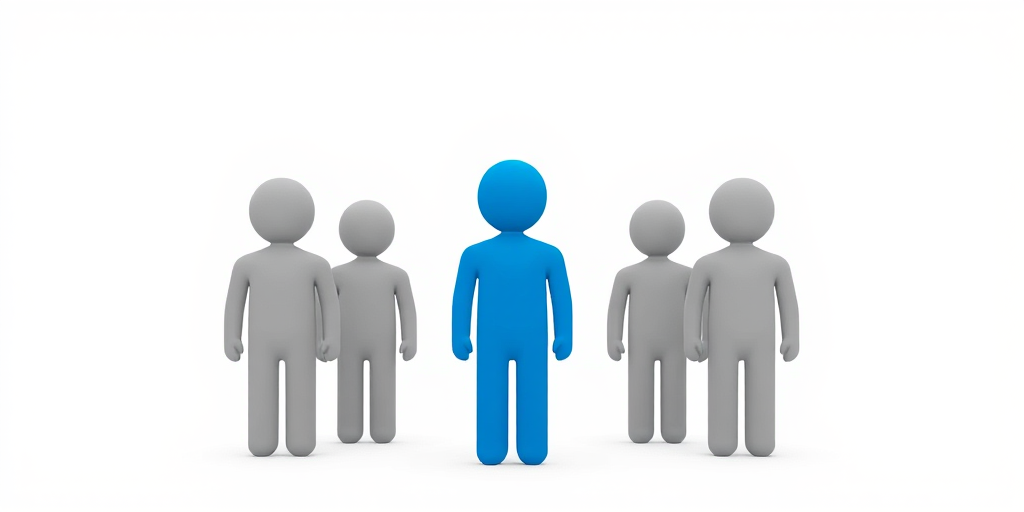 Create an illustration of a central blue figure surrounded by five gray figures in a minimalistic style, using a DSLR camera with a focal length of 50mm, aperture set to f/2.8, ISO 200, with a soft focus background to enhance the contrast of the blue figure.