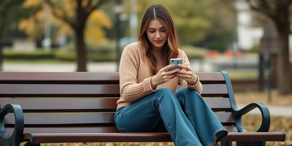 portrait of a young woman sitting on a bench using her phone, wearing a long-sleeved top and bell-bottom jeans, soft natural lighting, shallow depth of field, taken with a Canon EOS R5, 50mm lens, aperture f/2.8, ISO 100, 1/200 sec
