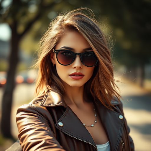 Outdoor shot, stunning female model, vintage leather jacket, sunglasses, cinematic effect, Position the camera at the model’s eye level using a 35mm f/1.4 lens