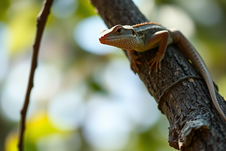 Capture a close-up shot of a lizard perched on a tree branch, using a DSLR camera, 85mm lens, f/4 aperture, ISO 200, 1/250 shutter speed, shallow depth of field for a blurred background, in natural lighting.