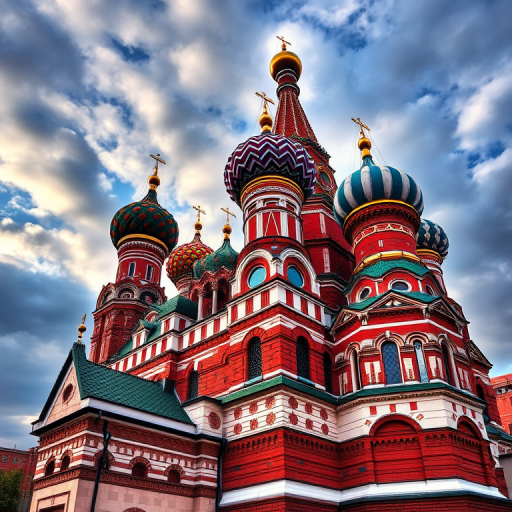 Capture a high-resolution image of St. Basil's Cathedral in Moscow, using a DSLR camera with a 50mm lens, aperture set to f/8 for sharp focus, ISO at 100 for optimal clarity, shooting from a low angle to emphasize the colorful domes against a dramatic sky, with HDR processing to enhance the vibrancy and detail.