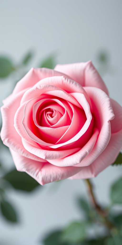 Create a high-resolution digital painting of a pink rose with soft pastel colors, focusing on intricate petal detail and smooth gradients, captured from a slight overhead perspective using a full-frame DSLR camera at f/2.8, ISO 100, and a 50mm lens for a shallow depth of field, emphasizing the subject with a clean, blurred background.