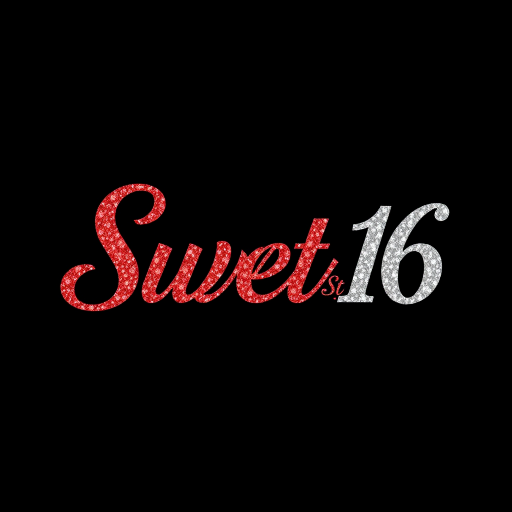 Create an image of the text "Sweet 16" in glittering red and elegant silver typography on a solid black background, using a DSLR camera with a 50mm lens, aperture f/2.8, ISO 100, and a soft focus to enhance the visual quality.