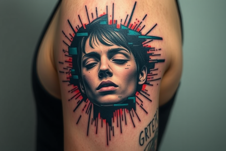 Glitch art tattoo called "Digital Disruption" depicting a distorted and fragmented image that appears to be breaking apart into pixels and static, creating a modern and unconventional aesthetic inspired by technology