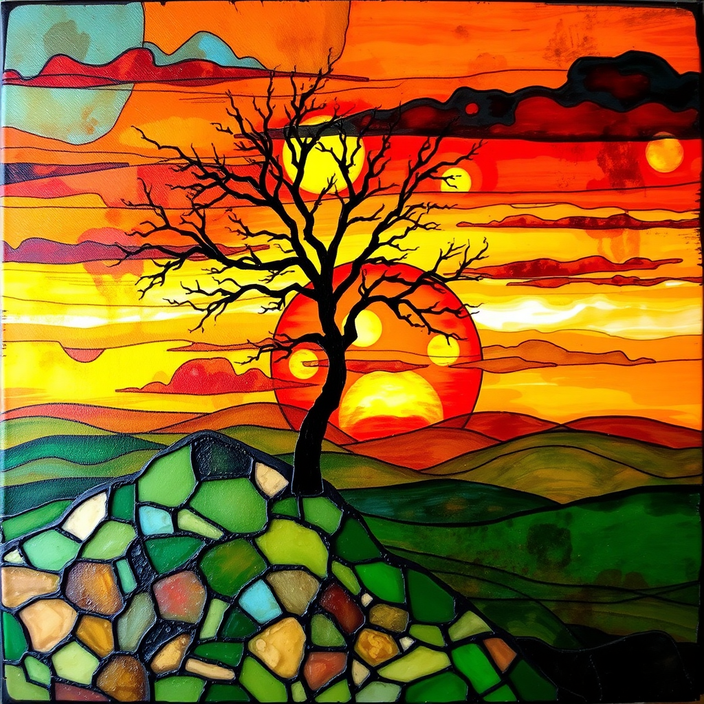 A vibrant abstract painting on Tiffany Glass, blending acrylic and alcohol ink techniques, captures a dramatic sunset over rolling hills. The artwork features a textured, rocky foreground in green and brown, layered abstract hills, and a striking sunset in rich oranges, yellows, and reds. A solitary black tree with intricate branches contrasts against the fiery sky, creating a dynamic and expressive portrayal of a breathtaking natural scene.