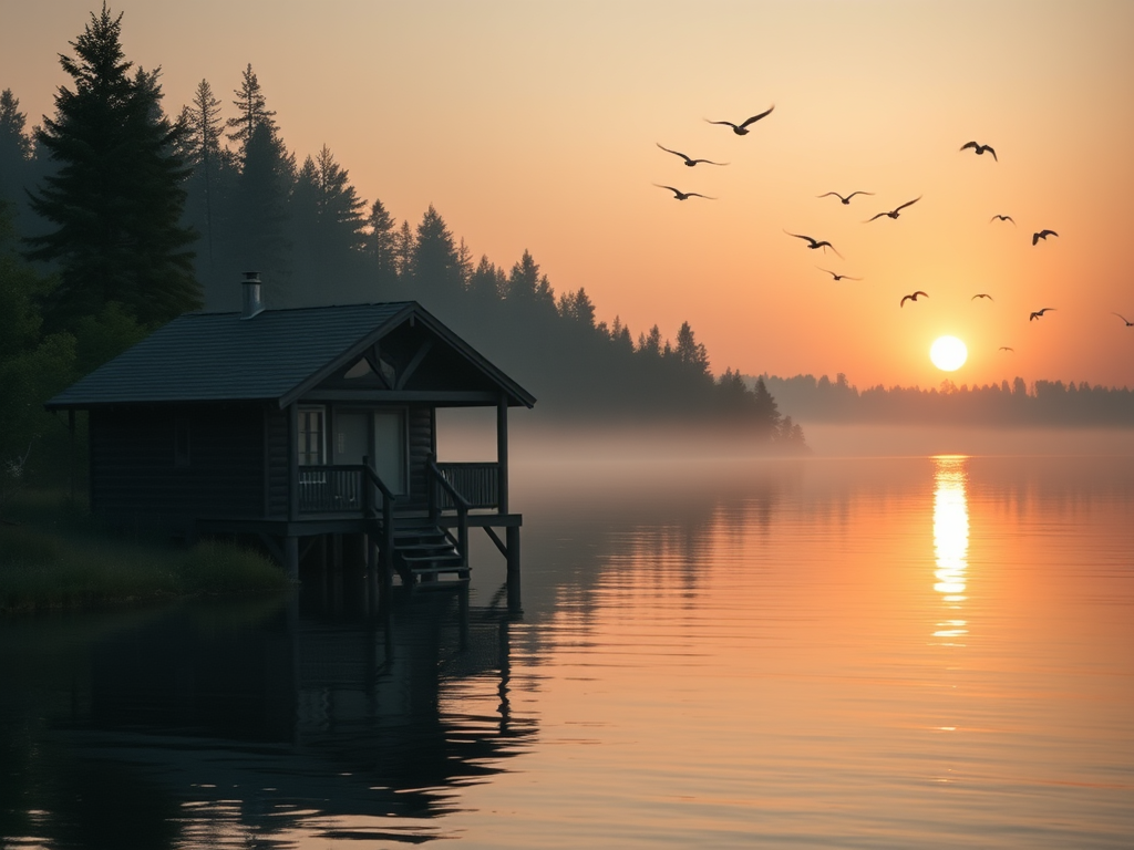 Softly focused photo of a peaceful lakeside cabin at dawn, soft light from the rising sun illuminating the calm water, with distant birds flying overhead and a feeling of quiet serenity.